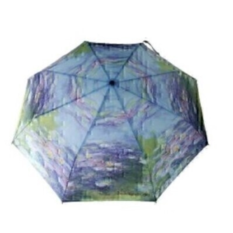 This beautifully designed umbrella features artwork from the world famous artist Monet. The art piece is entitled 'Waterlillies' and has been magnificently imposed onto the shape of the umbrella. This folding umbrella has virtually unbreakable fiberglass 